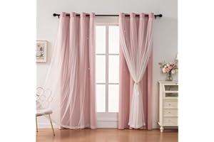 AOWELLOW Blush Pink Blackout Curtains with Double Layer, Thick Eyelet Thermal Insulated Curtains for Nursery, Star Cut Out Drapes for Bedroom Living Room Dining Farmhouse Girls 52 x 84 Inch 2 Panels