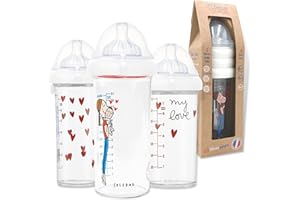 Le Biberon Français - Lot de 3 Biberons Anti-Colique Premium - Biberon 360ml, 210ml à Col Large - Tétines Silicone 3 Débits, 0-6 Mois et Plus - Allaitement Mixte Nouveau né Fille - BPA BPS BPF Free
