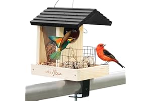 MIXXIDEA hölzerne Deck Vogelfutterspender für Geländer, Balkon Deck Vogelfutter Spender für draußen, robuste Vogelfutterspender für anziehende Wildvögel (1pack)