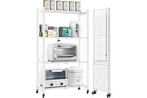 DEANIC Estanterias Almacenaje Plegable Metalica, Sin Necesidad de Instalación Estante Cocina & Soporte Microondas Carrito Auxiliar con Ruedas Peso Máximo de 108 kg,Blanco, 71x 34 x 127 cm