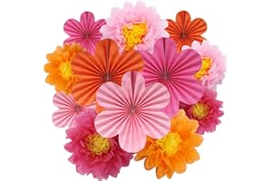 BestoFun 12er Set Papier Blumenfächer & Papierblumen Pompons Rosa Orange Hängende Girlande Dekoration für Hochzeit Geburtstagsfeier Gartenparty Tischdeko