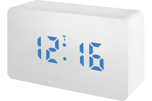 Bresser MyTime WBW Réveil Radio-piloté avec LED Bleue à intensité Variable Blanc Aspect Bois 108 x 65 x 45 cm
