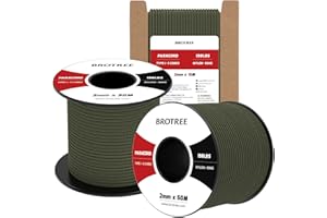 Brotree 2mm Paracord 3 Hebras 50M 100% Nylon Cuerda de Paracaídas para Al Aire Libre, Artesanía, Bricolaje - 90kg Carga de Rotura (Ejército Verde)