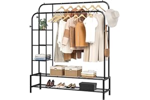 JOISCOPE Metal Clothes Rail, 49.4 * 64.5 Inch Clothes Rack for Bedroom with 2 Hanging Rails to Hang Clothes, 4 Clothes Hooks, 3 Side Shelves and 2 Bottom Shelves for Shoes and Clothes Storage, Black