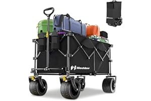Hioutdoor Faltbarer Bollerwagen 4-Fach Zusammenklappbar, 200L Kapazität, 180KG Traglast, 9x16 cm All-Terrain-Räder, Verstellbarer Teleskopgriff Klappbarer Handwagen für Garten,Camping,Outdoor Schwarz