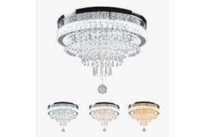 FRIXCHUR Crystal Chandelier LED Ceiling Light Living Room Lights Modern Bedroom Chandeliers LED Flush Mount Light Fixture for Dining Room Kitchen Bathroom (3 Color Light), 19.7 Inch (MC096)