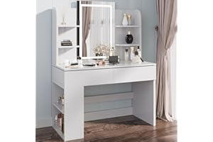 Airfish Coiffeuse avec Miroir et LED, Table de Maquillage avec 3 Étagères et 2 Tiroirs, Coiffeuse avec Grand Tiroir et Armoire, Lumière LED Réglable (Blanc)