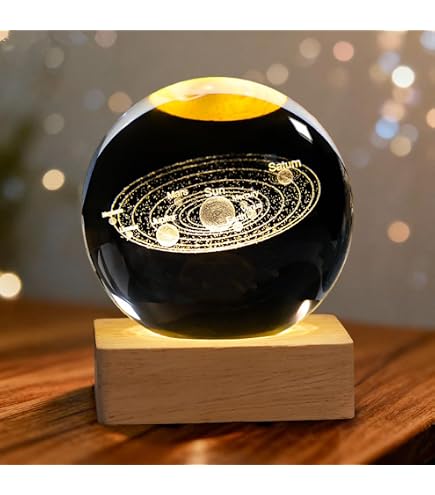 VVW&LIU 6cm Home 3D Gift Desktop Sfera con Base Sfera di Cristallo Craft Pianeti Modello Decorazione Inciso Sistema Solare Puntelli per Foto Trasparenti, Base in Metallo Dorato