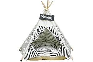 Vinnykud Pets Teepee Dogs Tent Stripes Removable and Washable Cats Tents Dog/Cat Bed Play House With Cushion (Black, M:50x50x60cm)