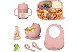 Bwaliffury Vajilla Bebe Silicona 6 Piezas, Juego Vajilla Bebe, Plato Con Ventosa para Bebés, Cuenco Con Ventosa, Babero Silicona Bebe, Taza de Agua Potable para Bebés, Cuchara/Cuenco, Sin BPA (Rosa)