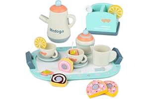 MEDOGA Wooden Tea Set toy Play Kitchen Accessories for Kids Pretend Play Food for Toddlers Tea Party Set for 3, 4, 5 Year Old Girls and Boys (multicolor)