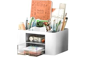 LONNEY Schreibtisch Organizer 5 Fächer Stiftehalter Schreibtisch Tisch Organizer mit Schublade, Multifunktionaler Schreibtisch Organizer für Stifte Büro Zuhause Schule Platzsparendes, Weiß