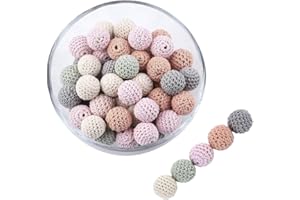 Promise Babe Erwachsene Bunt Rosa Runde Gehäkelt Holzperlen mit Loch zum Auffädeln, Handgefertigt Natur Holzkugeln DIY Schmuck Halskette Armband Selber Machen Basteln Crocheted Wooden Beads