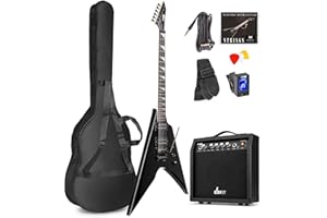 Max Pack Guitare Électrique Style V avec Ampli 40 Watts et Nombreux Accessoires, Housse, Accordeur, Cordes de rechange, Sangle, Câble 3m et Médiators, Kit Complet pour Bien Débuter - Noir