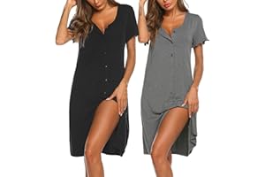 Ekouaer 2 Pack Nighties for Women Nightdresses Button Front Nightshirts Summer Nightwear Short Sleeve