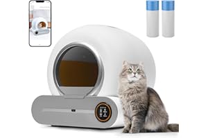 Angel Shield Self Cleaning Cat Litter Tray Automatic Smart Litter Box Self Cleaning Large with App Control Oled Display 65L Extra-Large Capacity Odor Removal for Multiple Cats (Round)