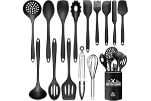 Wildone 15-teiliges Silikon Küchenutensilien-Set, Hitzebeständig, Spülmaschinenfest, Antihaftbeschichtet (Schwarz)