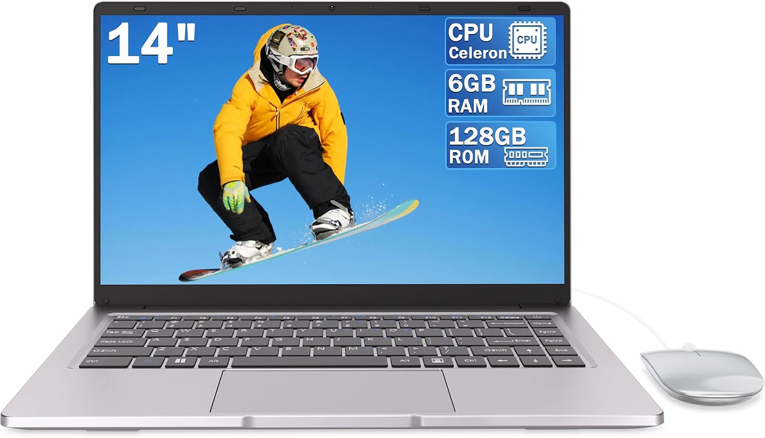 Ordenador portátil 14 pulgadas Dual-Core hasta 2,6 GHz • 6 GB RAM • 128 GB SSD • UHD portatil • WiFi 5G • Mini-HDMI • Teclado membrana • Diseño sin ventilador • Color plateado • Ratón incluido