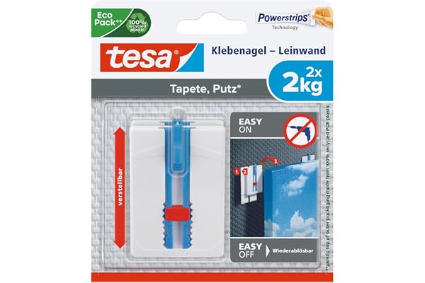 Clou adhésif tesa® toile – papier peint, plâtre – réglable en hauteur – clou auto-adhésif – toile et cadre – adhérence 2 kg/clou – retrait sans traces