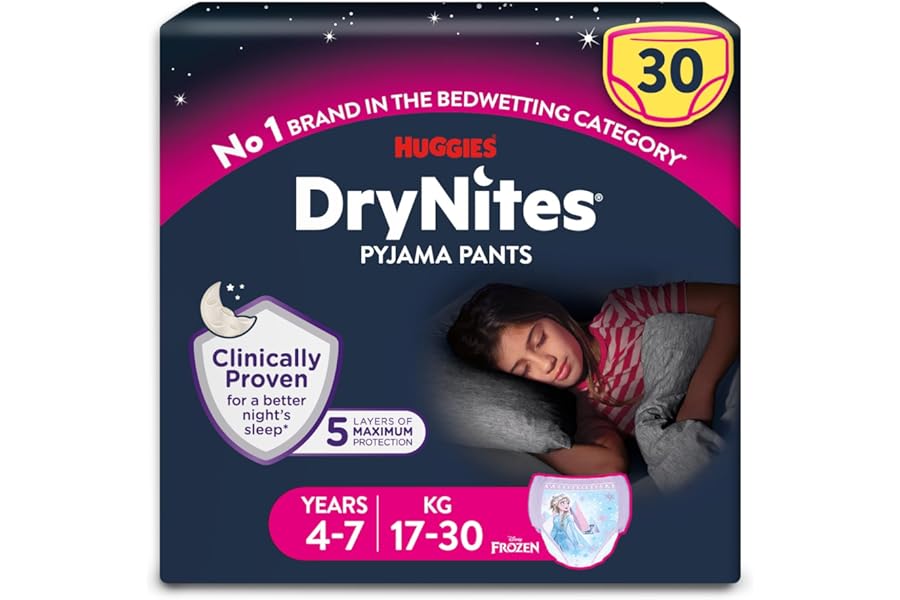 HUGGIES DryNites Pyjama Pants, Girl's 4-7 Years (17-30KG), 30 x Bedwetting Pants, Up to 100% Leak Free Nights