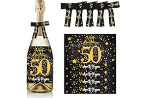 Sugeru 4 unidades de 50 etiquetas para botellas de cumpleaños y lazos de regalo | Etiquetas de vino personalizadas autoadhesivas para vino espumoso y vino espumoso | Decoración de 50 cumpleaños,
