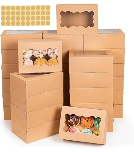 MAMUNU - Scatole per cupcake con finestra e inserti, confezione da 10 contenitori per biscotti in carta kraft con adesivi e spago (marrone