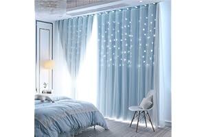BHUSB Kinder Sterne Verdunkelungsvorhänge für Mädchen Jungen Schlafzimmer Wohnzimmer Fenster Drape Solid Blue Star Cutout Vorhänge Tüll-Overlay Vorhang Doppellagige Ausschnitte Vorhänge 2 Panels, 132x244 cm