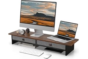 Fenge Dual Support de Moniteurs, Réhausseur d'Écran d'Ordinateur avec 2 Tiroirs en Tissu, Pour 2 Moniteurs, PC, TV, Ordinateur, Imprimante,90 x 23,5 x 14,2 cm, Charge de 25KG (Marron)