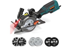 DOVAMAN Circular Saw, 710W Mini Circular Saw with Laser, 3500rpm, Metal Auxiliary Handle, Cutting Depth 43mm (90°), 29mm (45°), 6 Saw Blades Ideal for Wood, Soft Metal, Plastic, Tile - MCS01A