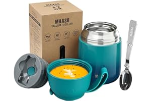 LOGEEYAR Boîtes Alimentaires Isothermes, Boîte Isotherme Repas Chaud Porte-Aliments en Acier Inoxydable à Double Couche, Thermoisolant Boîte avec Cuillère Pliante pour Ecole, Bureau, 500ml Bluegreen