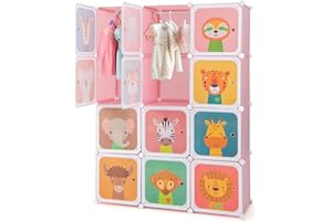 GYMAX Cartoon Clothes Closet, Portable Kids Wardrobe with Hanging Section, Children Storage Unit for Bedroom Nursery (Pink, 12 Cubes Animal: 109 x 37 x 145cm)
