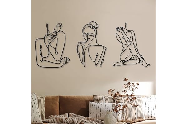 Lot de 3 décorations murales minimalistes abstraites pour femme - Art mural moderne - Dessin au trait - Décoration murale en métal féminin à ligne unique à suspendre pour chambre à coucher, cuisine,