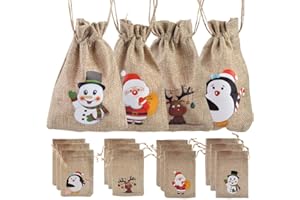 LOKIPA 12 Christmas Jute Burlap Gift Bags Pouches with Drawstring Small Candy Bags for Xmas Favors