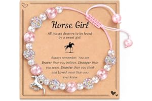 UYVPAER Bracelet Strand Licorne Rose - Cadeau Fille, Petit-Fille, Nièce - Pendentif Cheval Pierre Naturelle Rose, L, Polished