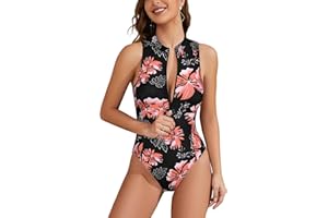 SHEKINI Zipper Sporty One Piece Bathing Suits Swimsuit for Women High Neck High Cut Rash Guard Sleeveless