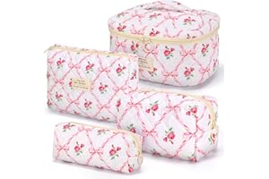 NOCYCLONIC 4er Set Kosmetiktasche Blumen MäDchen,Kulturtasche Damen,Gesteppte Make Up Tasche,Baumwolle Kulturbeutel Set,Coquette Make Up Bag Aesthetic Stuff Clean Girl,Cosmetic Bag