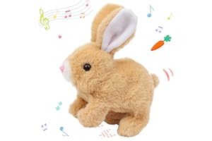 Hopearl Hopping Rabbit Interactive Electronic Pet Plush Bunny Toy with Sounds and Movements Animated Walking Wiggle Ears Twitch Nose Gift for Toddlers Birthday, Brown, 7''