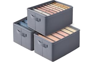 AILA 3 Pack Wardrobe Storage Organiser, Foldable Closet Drawer Organiser, Large Storage Boxes with Handles for Clothes Closet Shelves Organiser, Drawer with 3 Size Dividers Closet Box for Clothes(Grey)