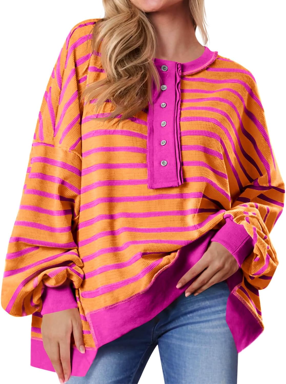 Sudaderas de gran tamaño a rayas para mujer, camisas Henley con bloques de color, estilo casual, de punto gofre