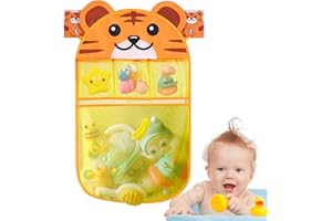 COSYSPARKS Mesh Bath Toy Storage Bag, Bath Toy Organizer Quick Dry Bath Toy Net Storage Cute Tiger Bath Toy Storage Organiser 4 Compartments Bath Toy Bag with 2 Adhesive Hooks