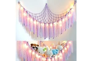Weldomcor Stuffed Animals Storage with Fairy Lights Toy Hammock Hanging Stuffed Animal Storage Organizer Holder with Lace Tassels for Nursery Play Room, Kids Bedroom (Purple)