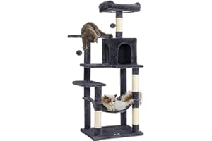 Feandrea Wysoki na 143 cm drapak Wielopoziomowy domek dla kota z 4 drapakami 2 platformy Hamak Jaskinia Smoke Grey PCT161G01