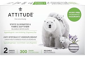 ATTITUDE Linges Anti-Statique & Assouplissant pour la Sécheuse, Réutilisables, sans parfum, 300 brassées, 2 Linges