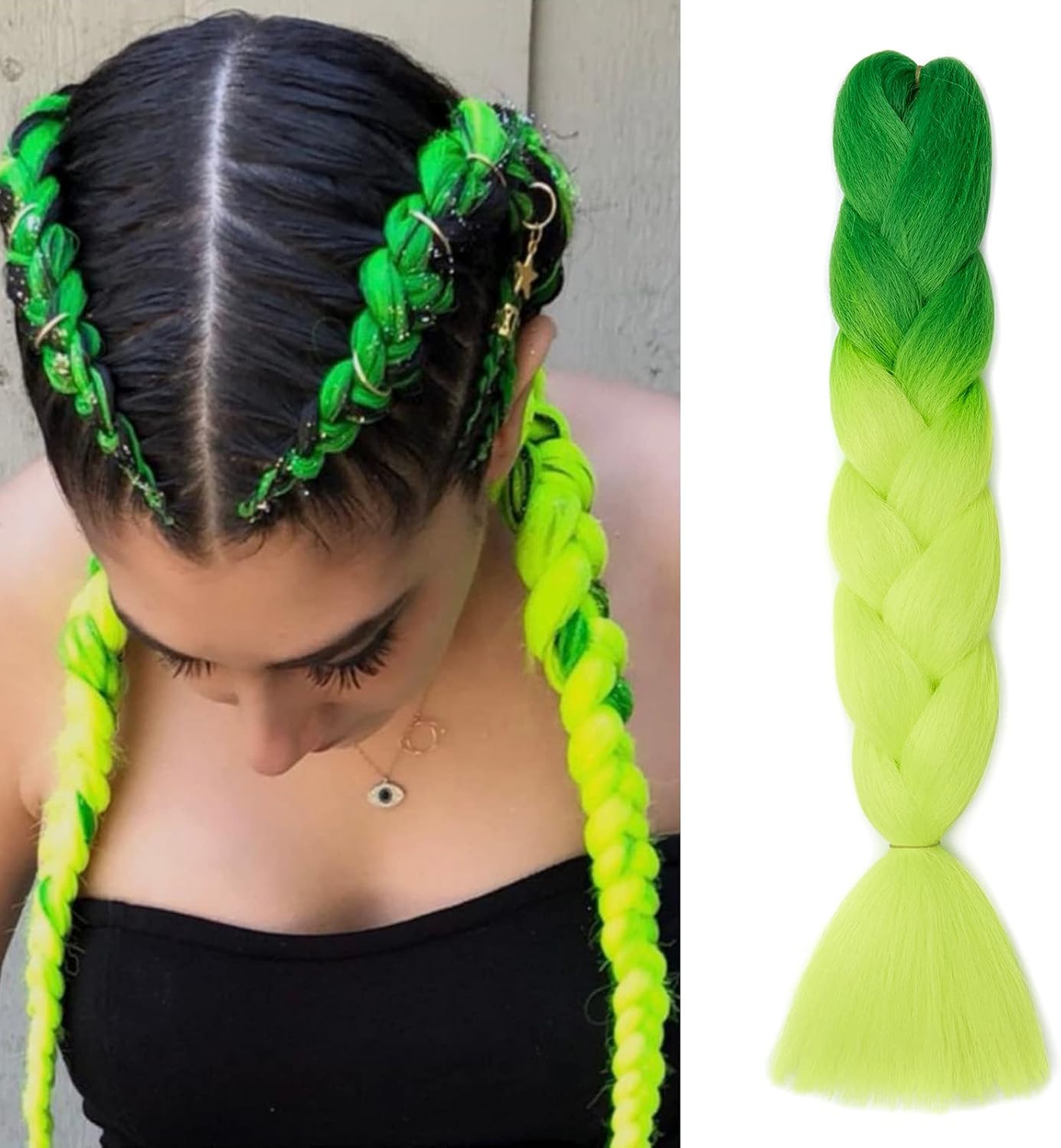 Gairyan Extensiones de Pelo Trenzas Africanas 1 Paquete 24" Pelo Sintetico Para Trenzas Natural Crochet Braiding Hair (Verde Oscuro-Verde Amarillo)
