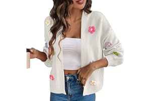 OIUHJN Damen Pullover Herbst Winter Handgehäkelter Damen-Cardigan-Pullover mit DREI-Ball-Blumen-Stickerei-Cardigan Damen Strickjacke Pulli Pullover mit Knöpfe Strickpullover Strickjacke Damen Kurz