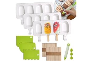 SNAIL GARDEN SNAILGARDEN Eisformen eis am stiel, 3 Stück 4 Zellen Eisformen Silikon, mit 100 Eisstiele Holz+1 Kuchen Dekorationsstift+ 3 Stücke Teigschaber Set für kinder DIY Popsicles,Desserts,Pralinen