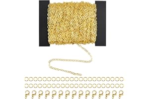HQdeal 39.4 Pieds Chaine Bijoux Creation 2 * 3mm Chainette de Collier en Fer avec 100 Anneaux de Saut et 30 Fermoirs de Homard pour Création de Bijoux, Argenté et Or (Or)