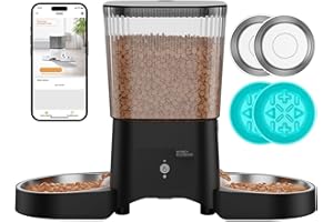 HoneyGuaridan Distributore Automatico Cibo Gatti con WiFi 2.4G/5G, 3,5L Dispenser Crocchette Gatto – Include 2 Ciotole in Acciaio Inossidabile & 2 Ciotole Slow Feeder Anti-Soffocamento