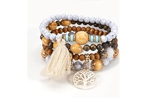 jatimdotin Bracelet Femmes, Lot de 4 Bracelets Style Bohème, Bracelet Perles Bois pour Femme avec Arbre De Vie, Cadeau pour Maman Sœur Amie