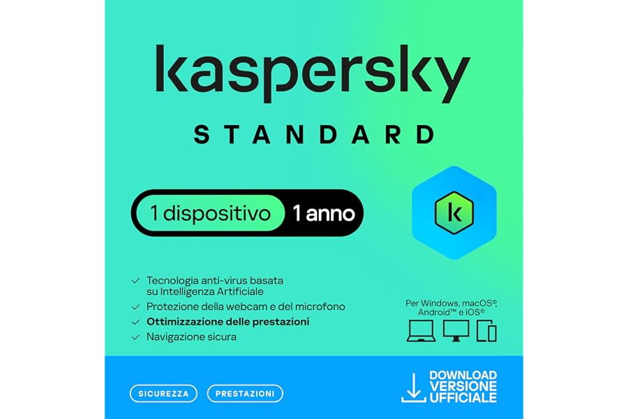 Kaspersky Standard Anti-Virus 2025 | 1 dispositivo | 1 anno | Sicurezza avanzata | Protezione delle operazioni bancarie onlin